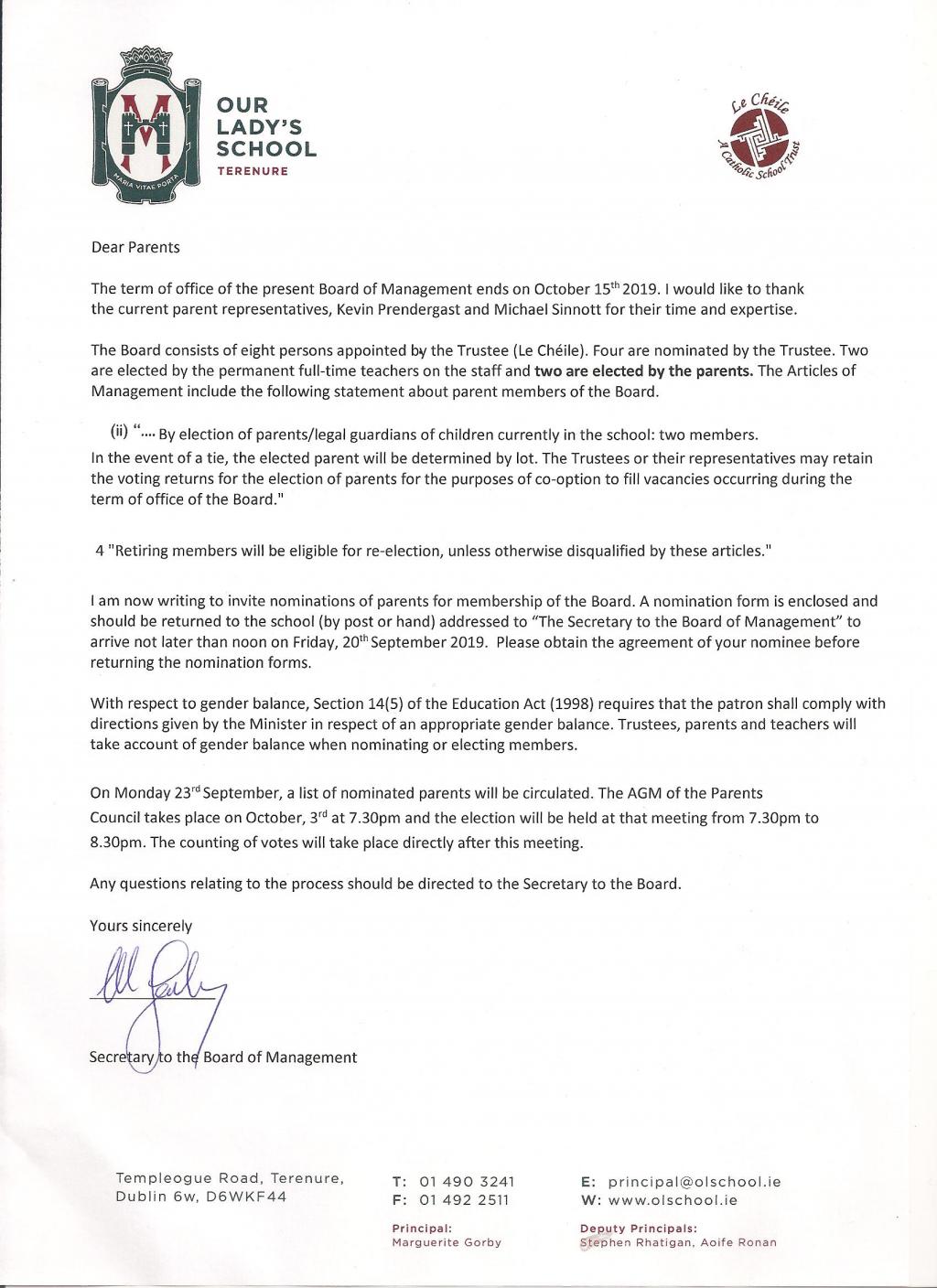 Board of Management Parent Representatives Our Lady's School